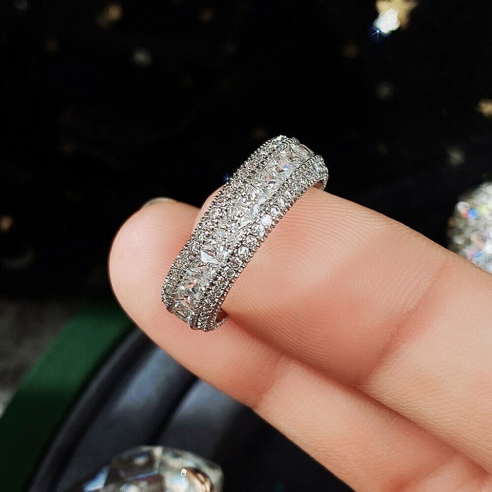 925 Sterling Silver Diamond Eternity Ring Band Wedding Statement Ring